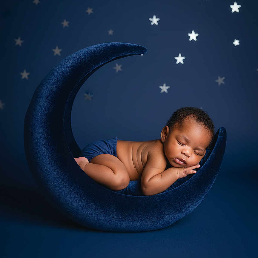 H'Adar joined the competition — help win amazing prizes! baby, sleeping, crescent_moon, star, blue_background, newborn, soft_texture, infant, pose, nighttime, cute, peaceful, studio_photography, child, dark_blue, decor, sleep, portrait, resting, cozy