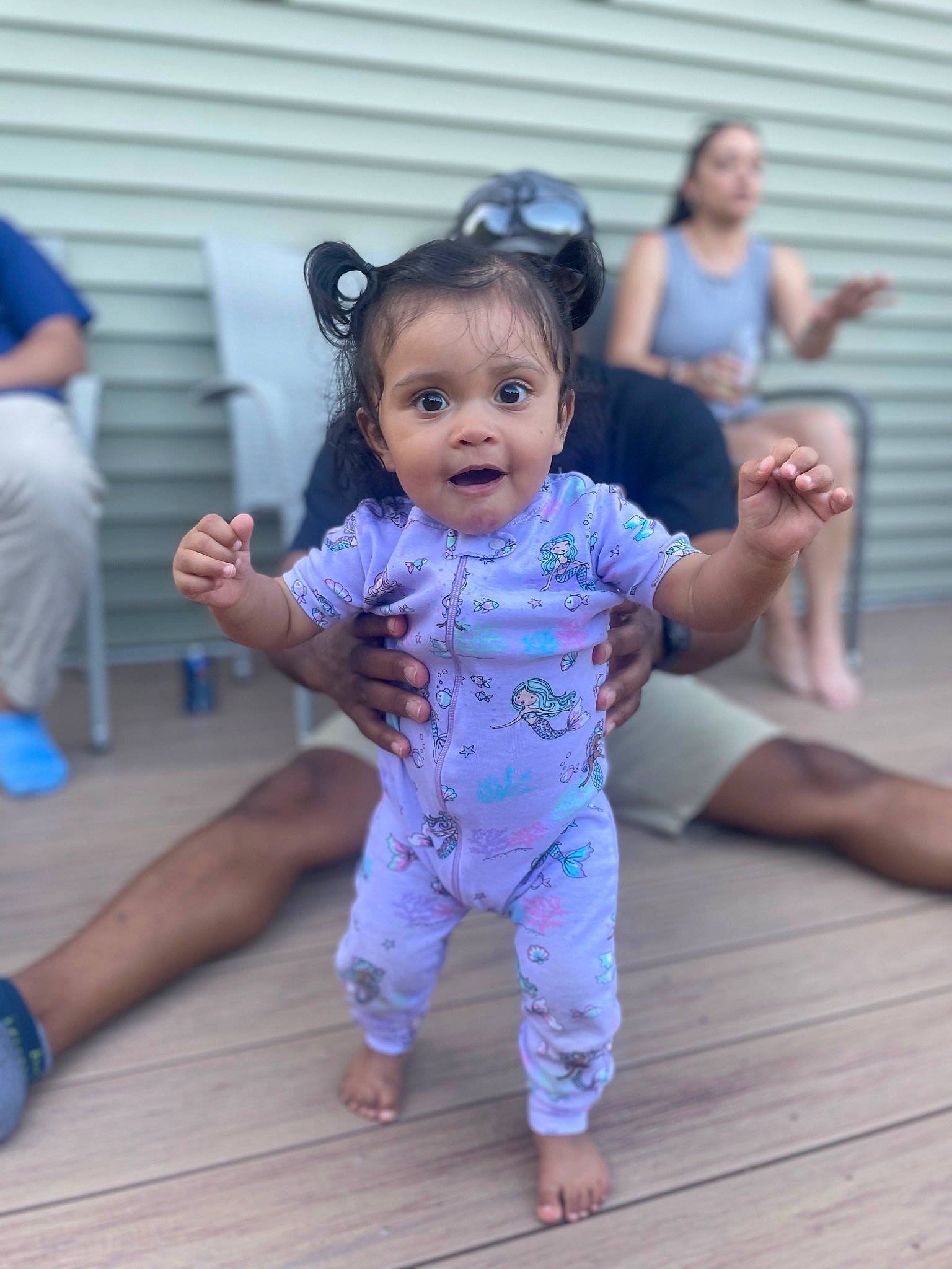 Lyra joined the competition — help win amazing prizes! baby, baby_toddler_clothing, barefoot, blurred, child, event, flooring, foot, fun, happy, hardwood, human_leg, leisure, person, pink, purple, sandal, skin, smile, standing