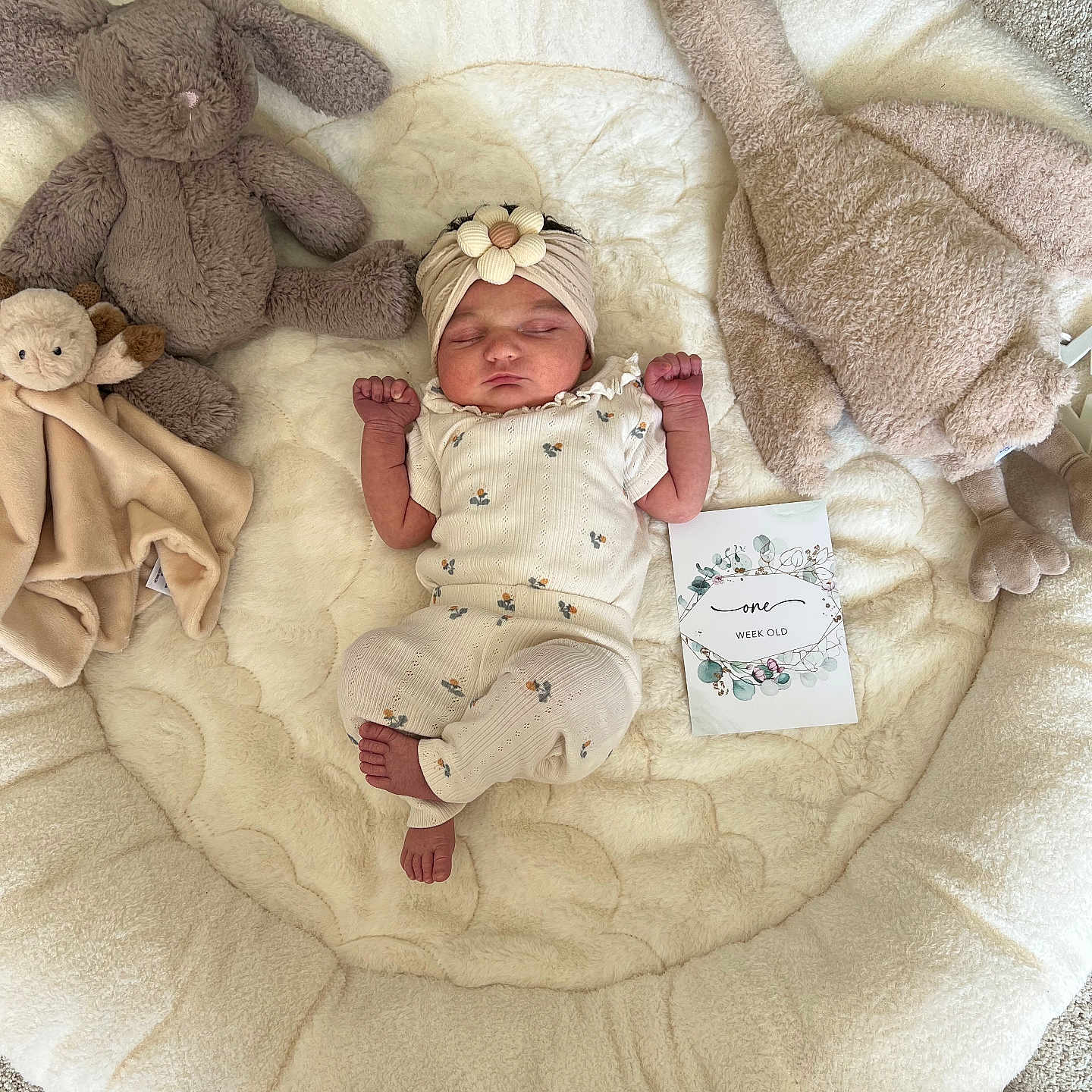 Odette is registered to the contest to win money with this photo: adorable, baby, baby_clothes, carpet, child, cushion, cute, floral_outfit, headband, indoors, infant, milestone_card, newborn, pale_colors, peaceful, plush_toy, resting, sleeping, soft_texture, stuffed_animal