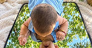 Thiago joined the competition — help win amazing prizes! baby, bare_feet, blanket, blue_dress, child, face, greenery, infant, mirror, outdoor, playful, portrait, reflection, sitting, sky, smiling, surprised, teddy_bear, trees, upside_down