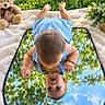 Thiago joined the competition — help win amazing prizes! baby, child, infant, mirror, reflection, upside_down, outdoor, blanket, teddy_bear, blue_dress, bare_feet, sitting, face, smiling, surprised, greenery, trees, sky, portrait, playful