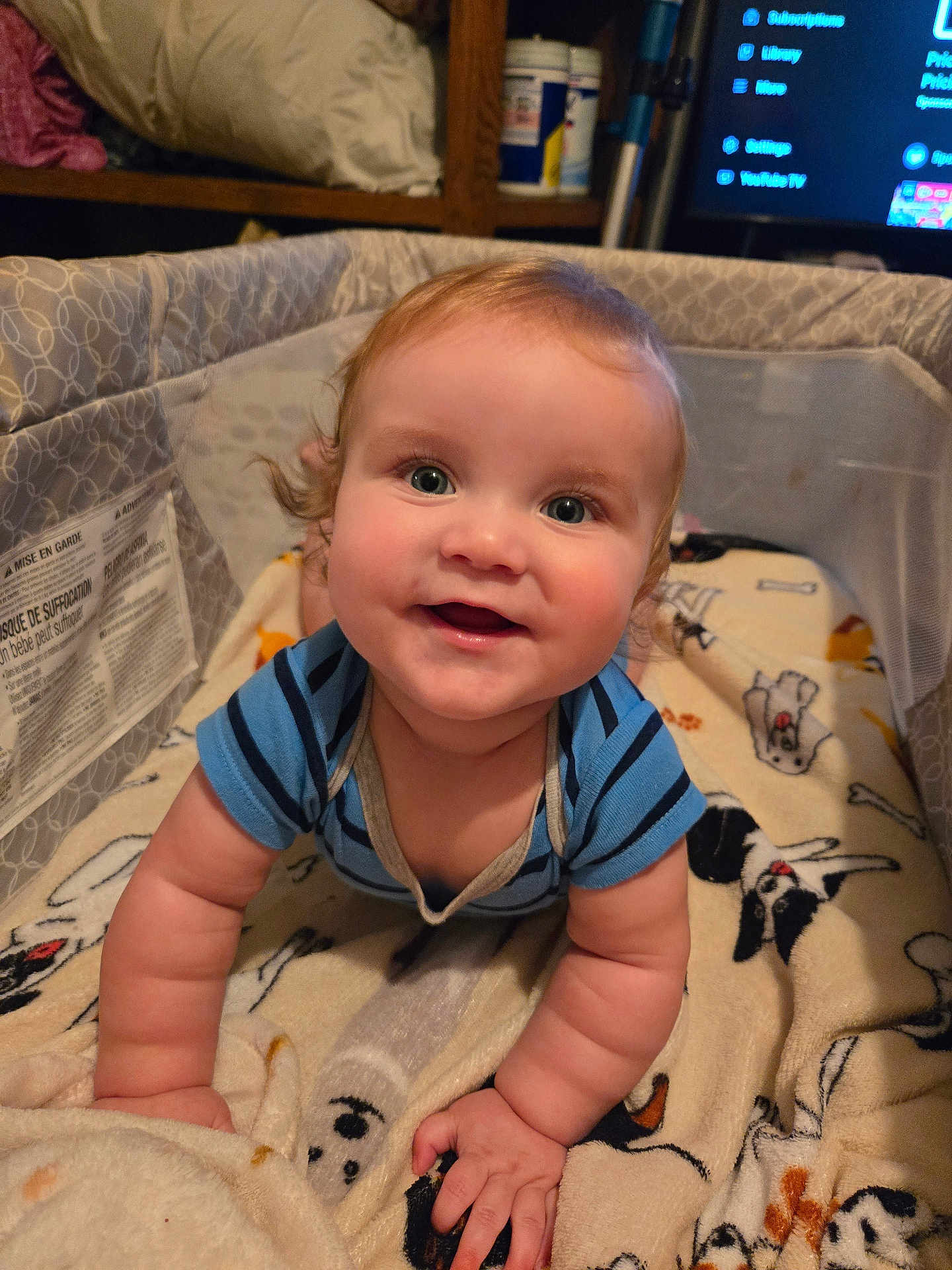 Charles joined the competition — help win amazing prizes! baby, smiling, crawling, blanket, dog_pattern, playpen, indoor, child, happy, blue_shirt, curly_hair, infant, home, furniture, television, soft_toy, cute, chubby_arms, person, portrait