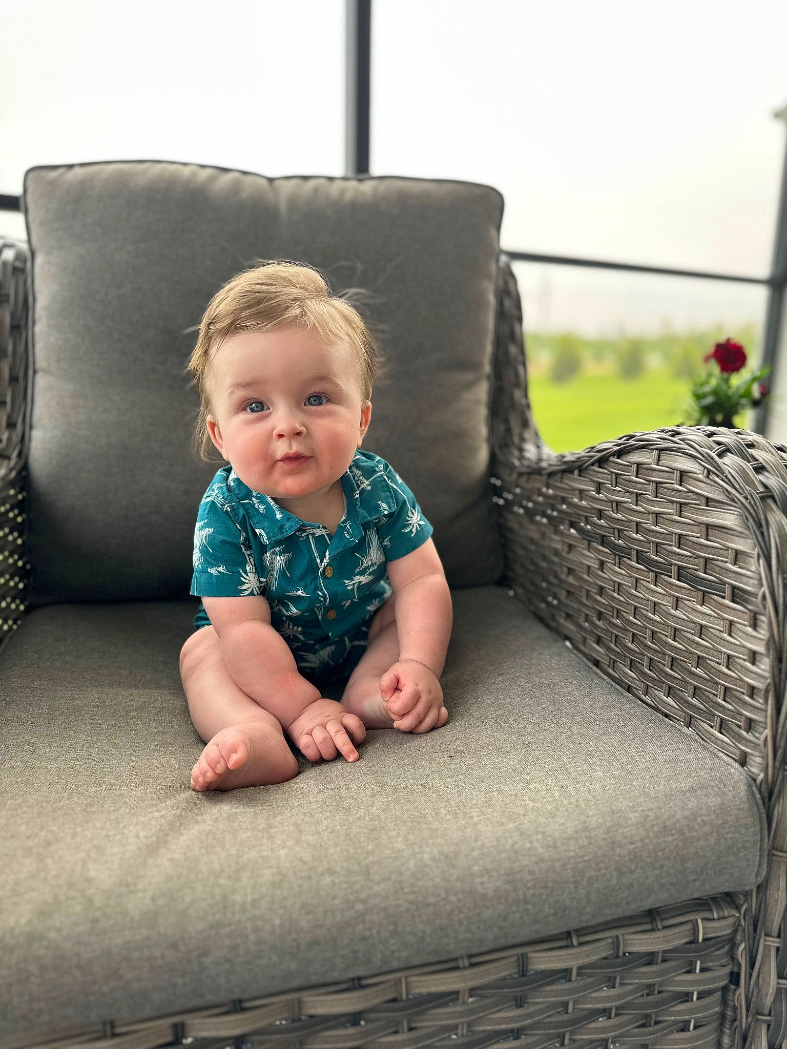 Preston joined the competition — help win amazing prizes! baby, baby_toddler_clothing, child, comfort, couch, flash_photography, flooring, foot, grass, hairstyle, linens, living_room, outdoor_furniture, pattern, person, rectangle, room, sitting, throw_pillow, toddler