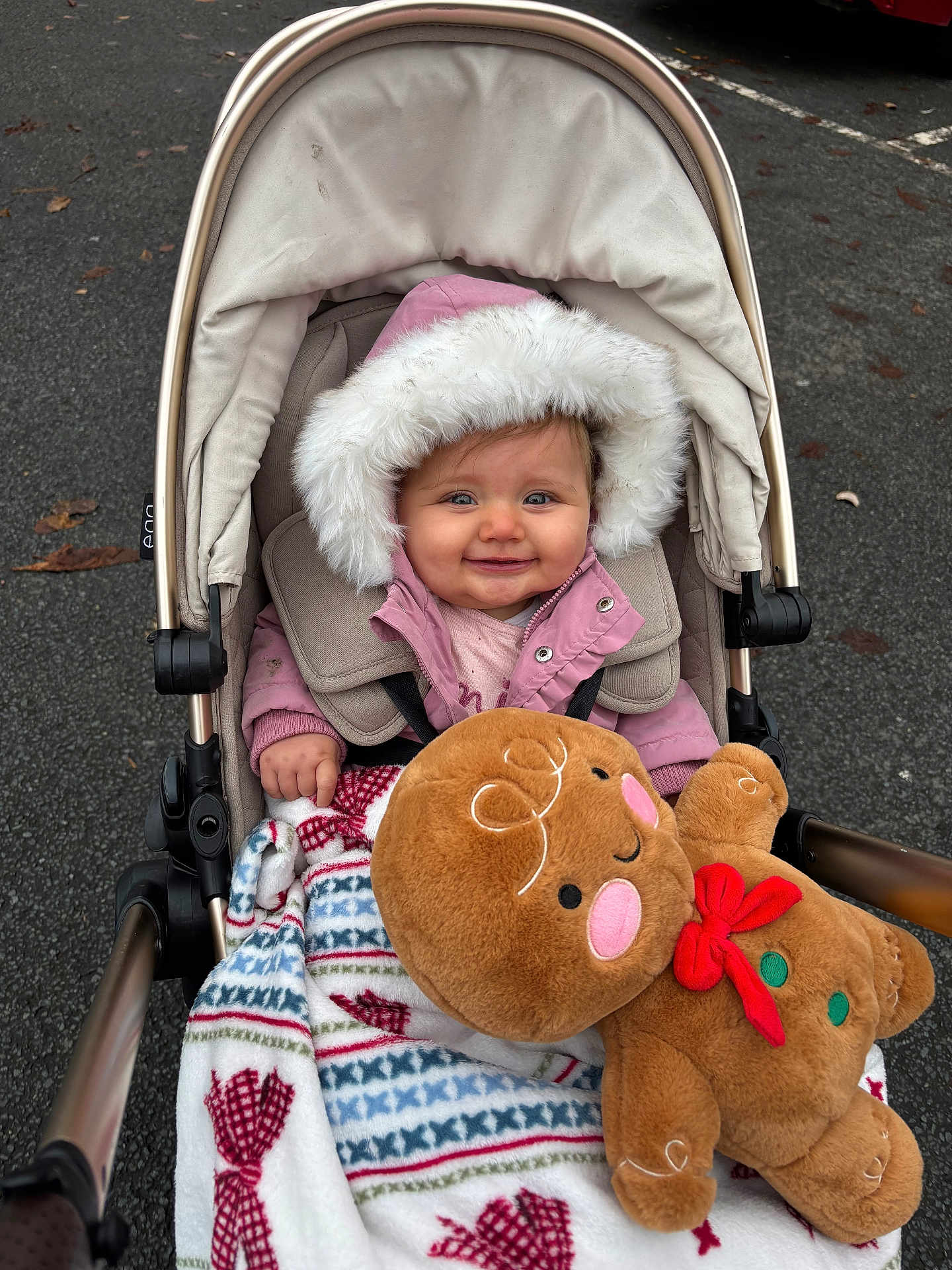 Isla-Rose joined the competition — help win amazing prizes! baby, child, stroller, blanket, plush_toy, gingerbread, jacket, hood, smile, outdoor, asphalt, winter_clothing, cute, infant, toy, cold_weather, person, portrait, happy, wrapped