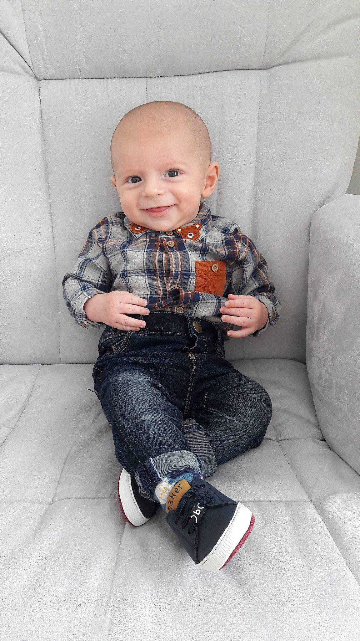 Alistair joined the competition — help win amazing prizes! baby, child, jeans, joy, leg, person, product, shoe, sitting, toddler