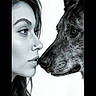 animal, artistic, black_and_white, bond, close_up, companion, connection, dog, emotion, expression, face, human, intimacy, love, monochrome, nose, portrait, profile, texture, woman