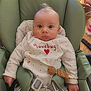 Gianni participe au concours pour gagner de l'argent avec cette photo : baby, infant, child, lovebug, onesie, green_baby_seat, cushion, pacifier_clip, wooden_clip, wide_eyes, curious_expression, indoor, wooden_floor, baby_clothing, straps, baby_safety_seat, cute, portrait, small_hands, seated