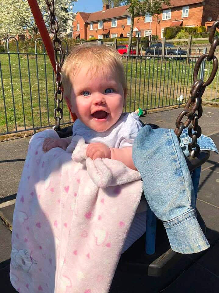 Lexi-mae joined the competition — help win amazing prizes! baby, child, outdoor_play_equipment, pattern, person, play, product, smile, swing, toddler, tree