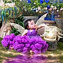 child, toddler, fairy, wings, purple_dress, tutu, sitting, barefoot, lantern, birdcage, tree_stump, flowers, floral_background, moss, sparkle, enchanted, portrait, studio_photo, fantasy, head_turn