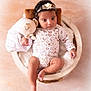 baby, infant, teddy_bear, basket, white_lace, headband, flower, soft_texture, pastel_background, portrait, cute, cozy, child, newborn, clothing, hand, foot, smile, cuddly_toy, relaxing