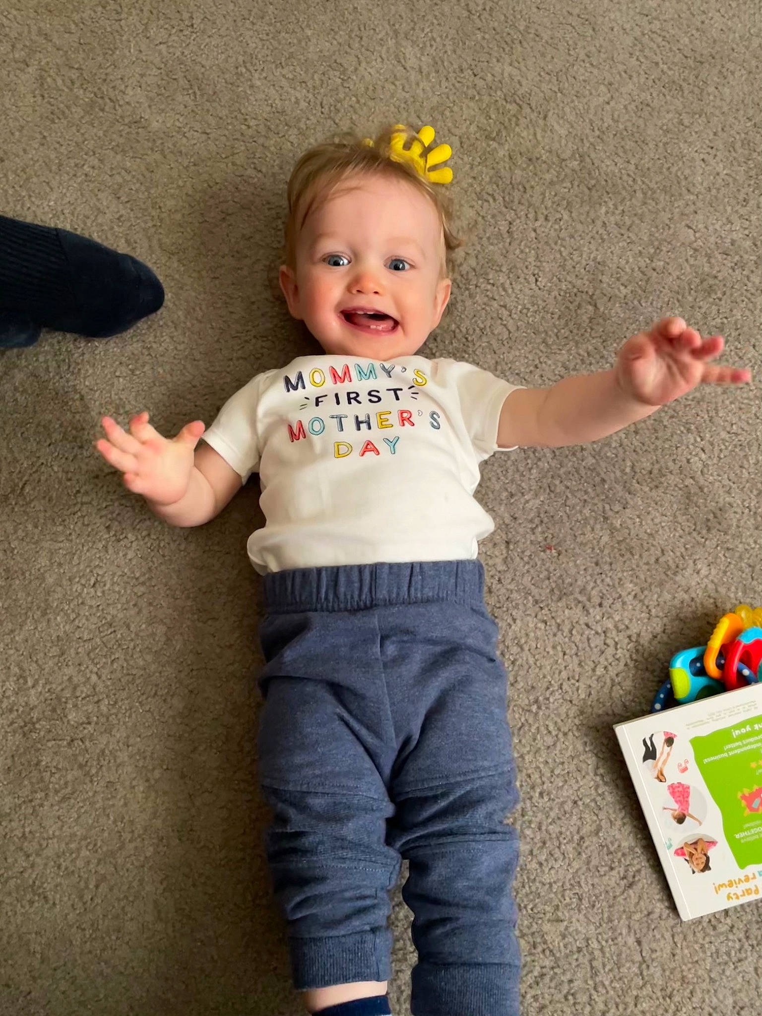 Greysen joined the competition — help win amazing prizes! arm, baby, baby_playing_with_toys, baby_toddler_clothing, cheek, child, denim, face, finger, fun, gesture, happy, person, skin, sleeve, smile, standing, t_shirt, textile, toddler