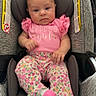 Riella joined the competition — help win amazing prizes! baby, child, car_seat, pink_shirt, floral_pants, socks, infant, cute, portrait, indoors, clothing, sitting, person, young_child, child_seat, adorable, baby_fashion, infant_girl, casual, comfort
