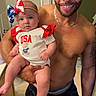 baby, bathroom, blue, bow, casual, child, family, headband, holding, indoor, man, patriotic, person, portrait, red, shirtless, smile, toddler, usa, white
