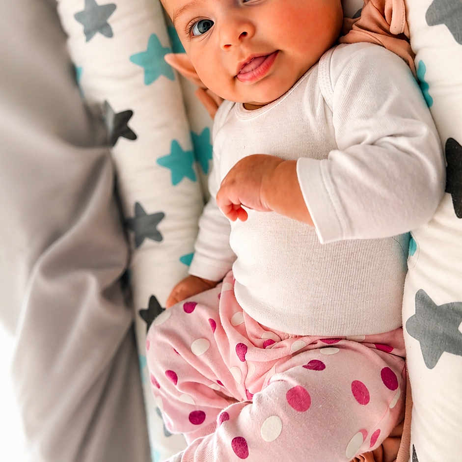 Riella joined the competition — help win amazing prizes! baby, cheeks, child, comfortable, cozy, cushion, cute, eyes, face, hand, indoor, infant, lying_down, person, polka_dots, sleepwear, smile, sock, star_pattern, tongue_out