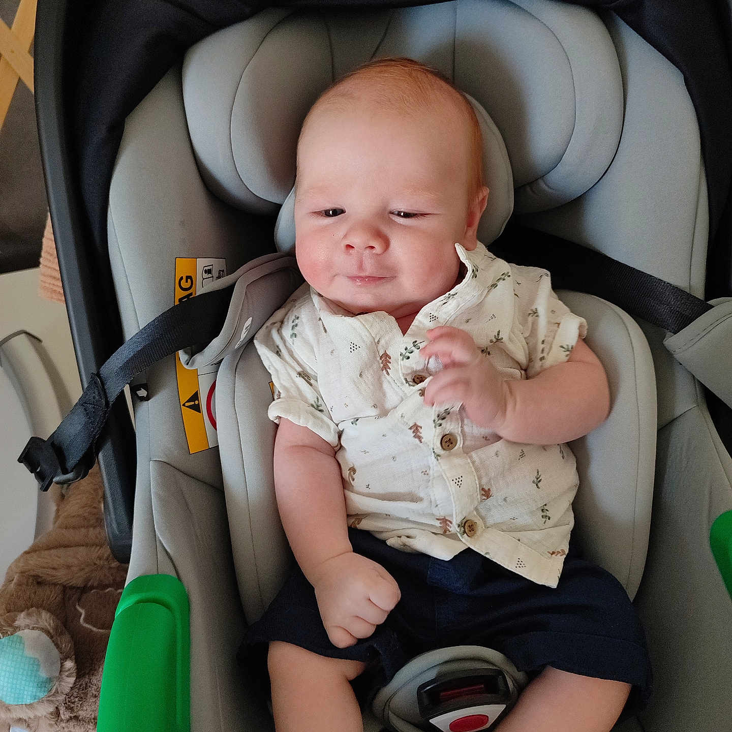 Timéo participe au concours pour gagner de l'argent avec cette photo : baby, car_seat, child, clothing, cute, expression, face, foot, furniture, hand, head, indoor, infant, person, safety, seatbelt, shirt, shorts, sitting, smile