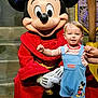 child, toddler, mickey_mouse, costume, wizard_hat, red_clothing, blue_overalls, red_shoes, character, theme_park, stone_floor, stone_wall, purple_decor, gold_decor, holding_hands, smiling, portrait, indoor, person, fantasy