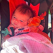 Knox joined the competition — help win amazing prizes! baby, baby_boy, baby_girl, black, blanket, child, clothing, cute, fabric, face, hand, infant, moose, outdoor, pacifier, plush_toy, red, soft_toy, stroller, sunlight