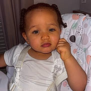 Kaelynn participe au concours pour gagner de l'argent avec cette photo : toddler, child, high_chair, braided_hair, white_shirt, safety_strap, indoors, pastel_colors, patterned_cushion, curtains, face, portrait, skin, expression, seated, baby, person, young_child, comfort, home