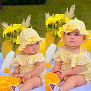 Madisson is registered to the contest to win money with this photo: baby, child, yellow_hat, yellow_dress, blanket, outdoor, flowers, basket, oranges, sitting, cute, sunny, grass, nature, portrait, summer, garden, footwear, headwear, expression