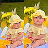 baby, child, yellow_hat, yellow_dress, blanket, outdoor, flowers, basket, oranges, sitting, cute, sunny, grass, nature, portrait, summer, garden, footwear, headwear, expression