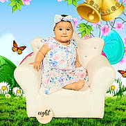 Nayeli is registered to the contest to win money with this photo: baby, child, armchair, floral_dress, headband, grass, butterfly, flower, spring, cartoon_background, bells, purple_bow, green_leaves, pink_blossoms, plaque, age_marker, portrait, sitting, cute, infant