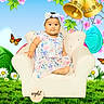 baby, child, armchair, floral_dress, headband, grass, butterfly, flower, spring, cartoon_background, bells, purple_bow, green_leaves, pink_blossoms, plaque, age_marker, portrait, sitting, cute, infant