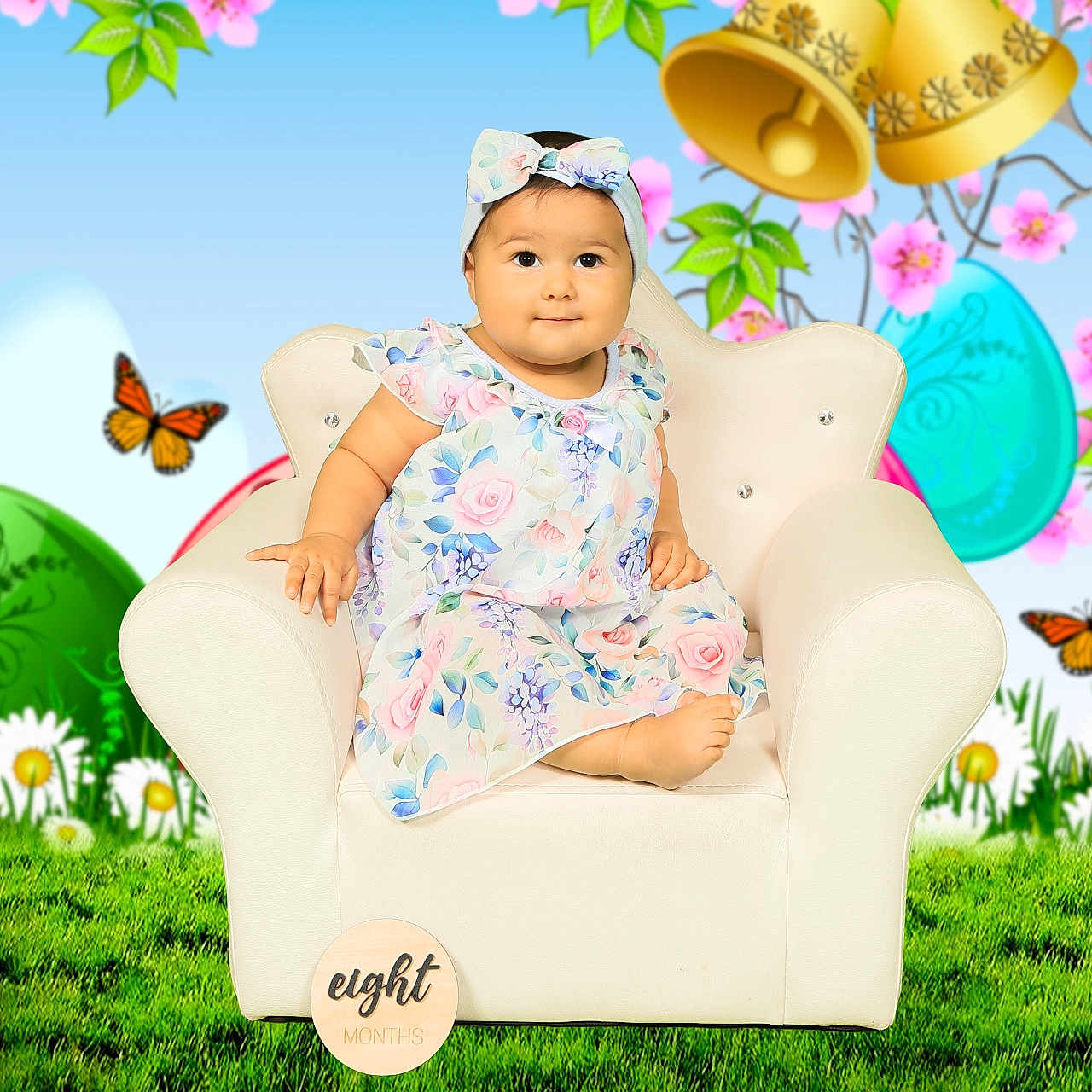 Nayeli is registered to the contest to win money with this photo: baby, child, armchair, floral_dress, headband, grass, butterfly, flower, spring, cartoon_background, bells, purple_bow, green_leaves, pink_blossoms, plaque, age_marker, portrait, sitting, cute, infant