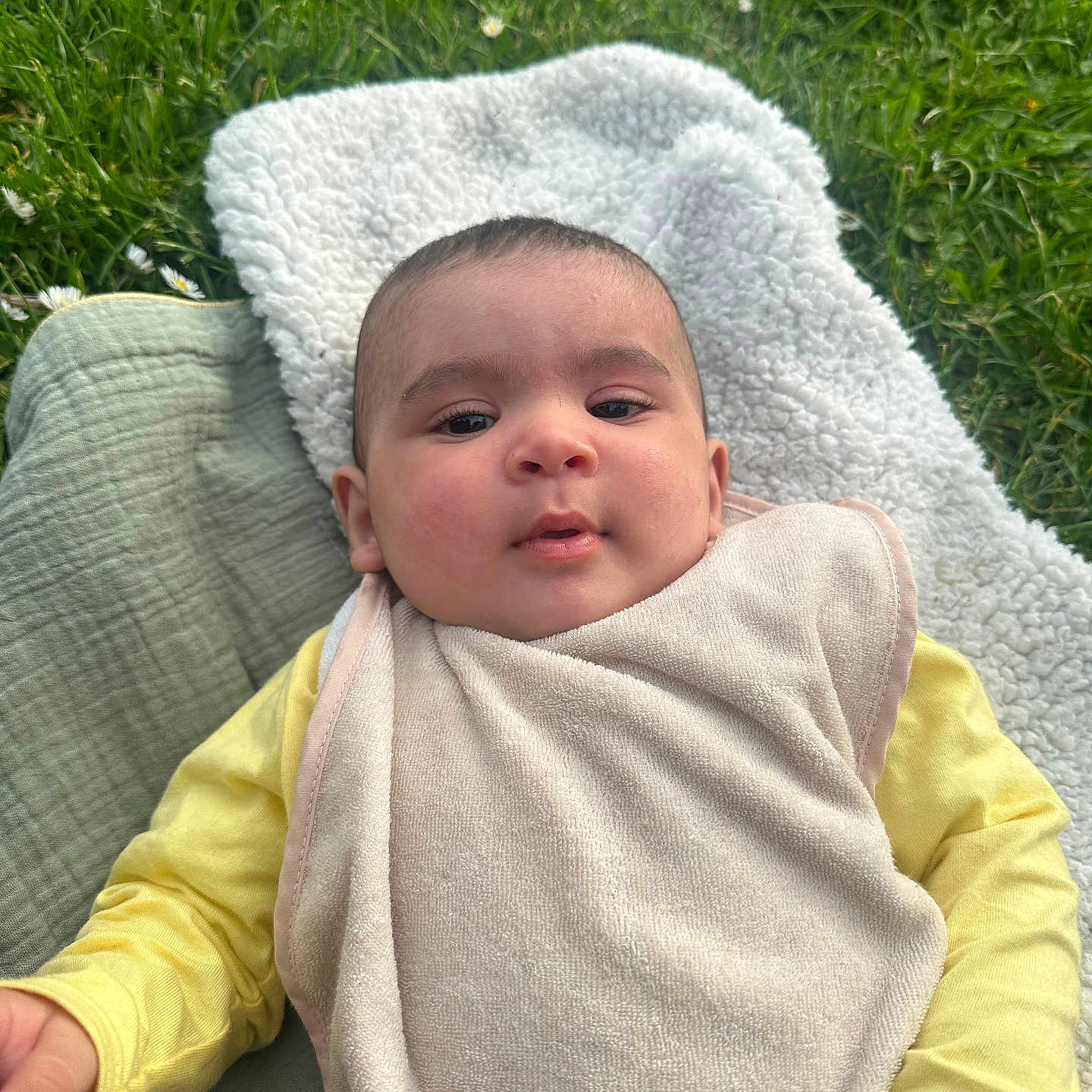 Zayn participe au concours pour gagner de l'argent avec cette photo : baby, infant, bib, yellow_clothing, blanket, grass, outdoor, greenery, flower, face, portrait, child, cute, relaxing, soft_texture, natural_light, person, young, skin, closeup
