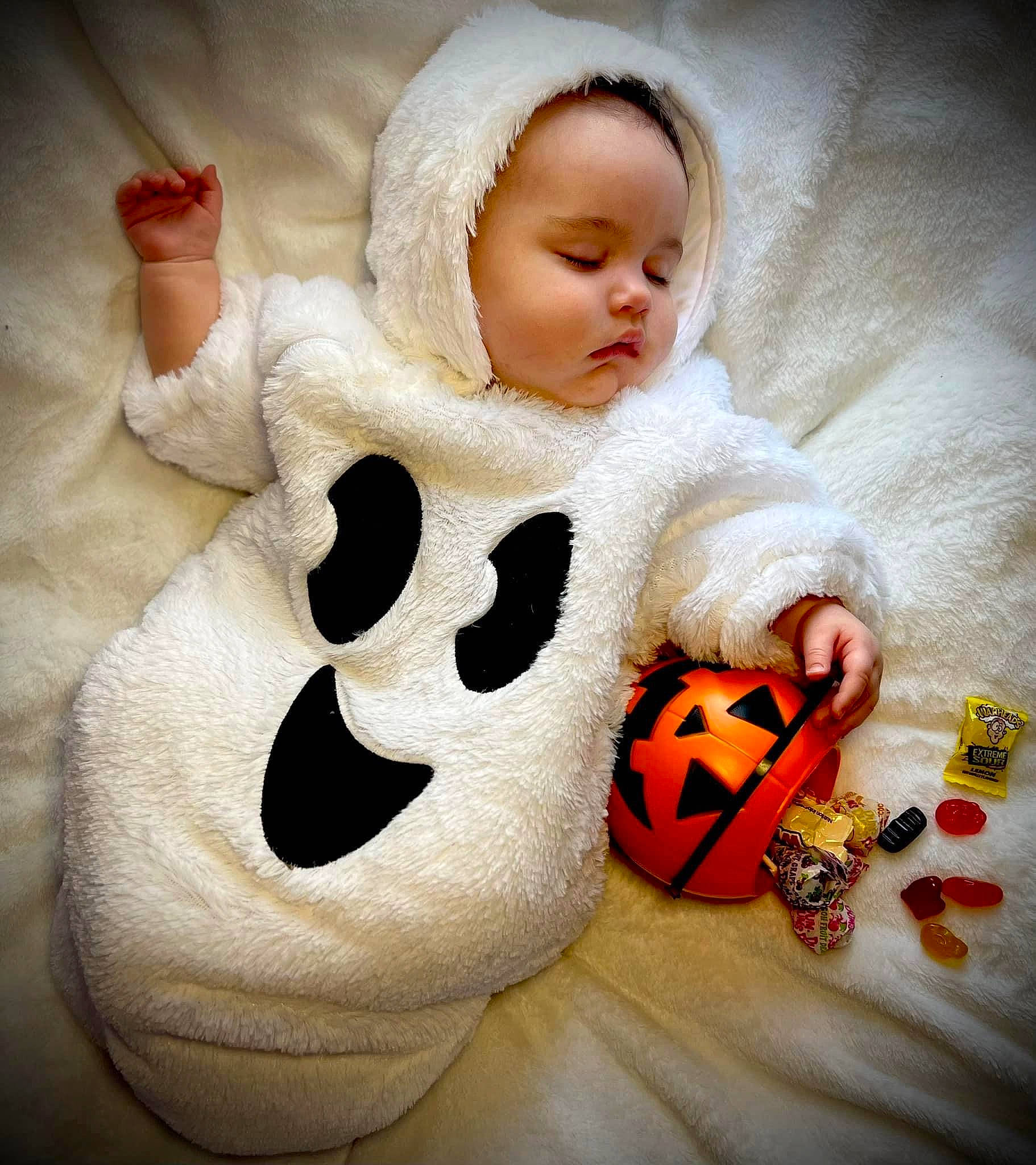 Bella is registered to the contest to win money with this photo: baby, baby_sleeping, baby_toddler_clothing, baby_toys, carmine, child, comfort, finger, gesture, happy, linens, mouth, nose, orange, person, plush, stuffed_toy, textile, thumb, toddler