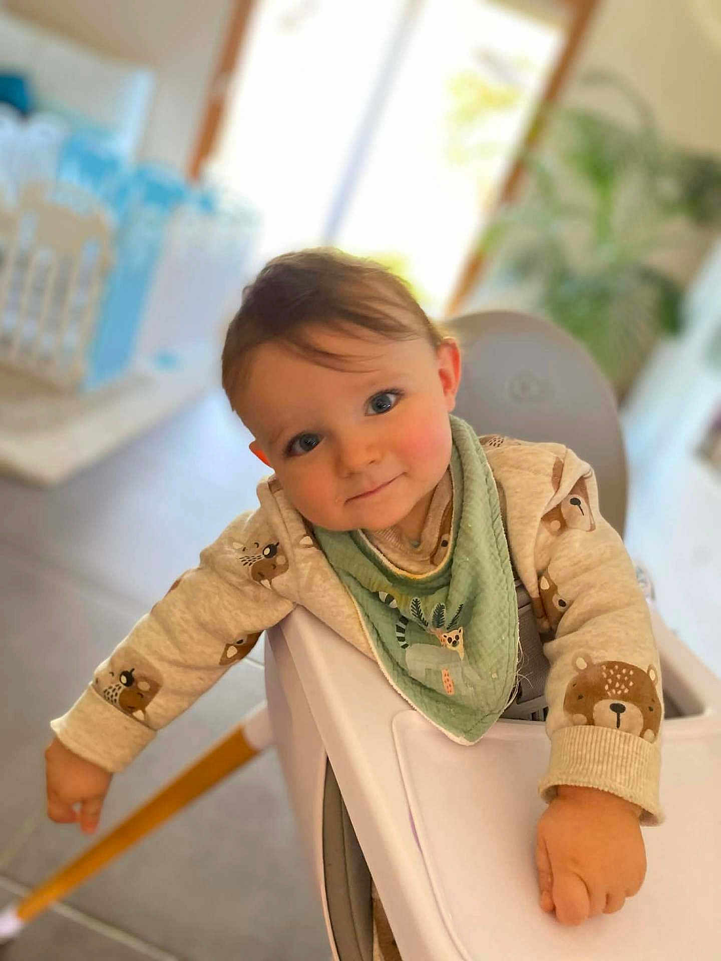 Tyam a rejoint le concours — aidez-le/la à gagner de superbes lots ! toddler, child, high_chair, smiling, indoor, baby, face, clothing, bib, cute, cozy, animal_print, bear, green, person, young_child, home, furniture, happy, portrait