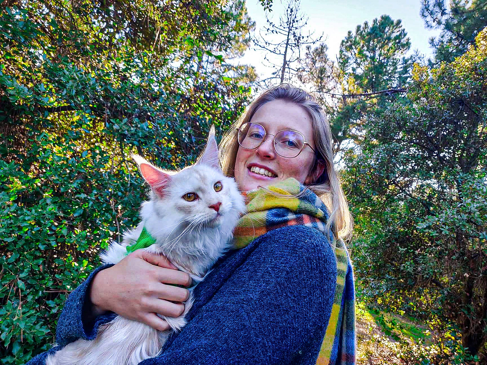 Aslan participe au concours pour gagner de l'argent avec cette photo : carnivore, cat, domestic_short_haired_cat, electric_blue, eye, fawn, felidae, fur, glasses, grass, happy, leisure, people_in_nature, plant, sitting, sky, small_to_medium_sized_cats, smile, tree, whiskers