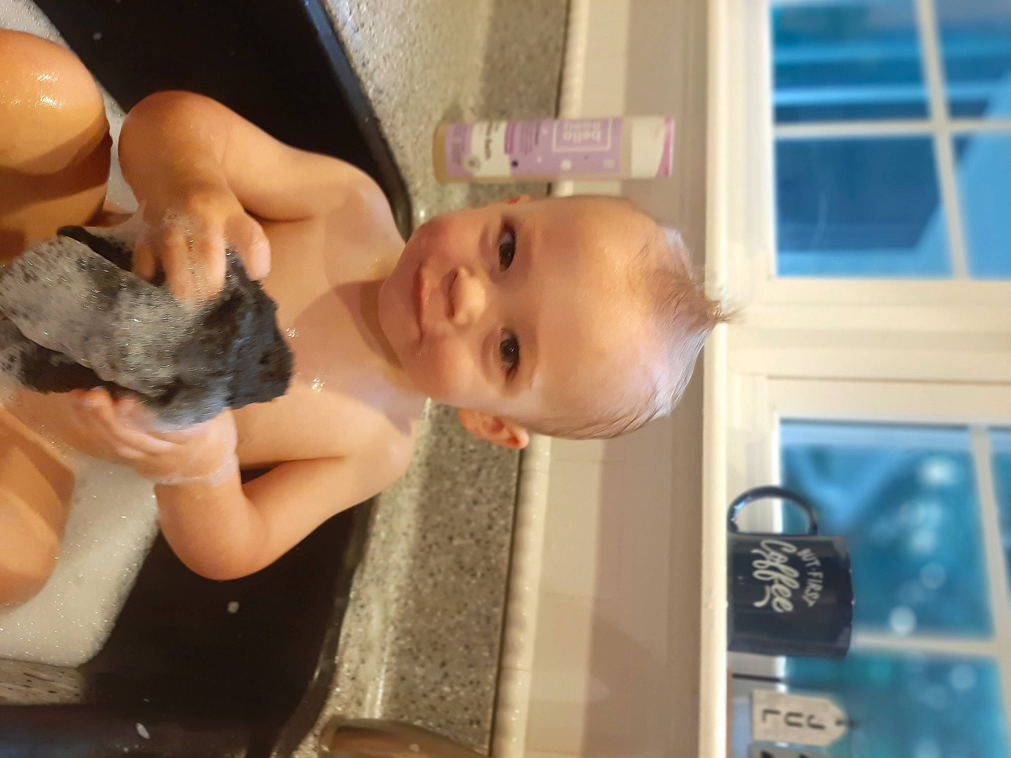 Sawyer is registered to the contest to win money with this photo: abdomen, baby, baby_bathing, baby_grabbing_for_something, barechested, bathing, chest, child, foam, lock, muscle, person, thumb, toddler, toy, trunk