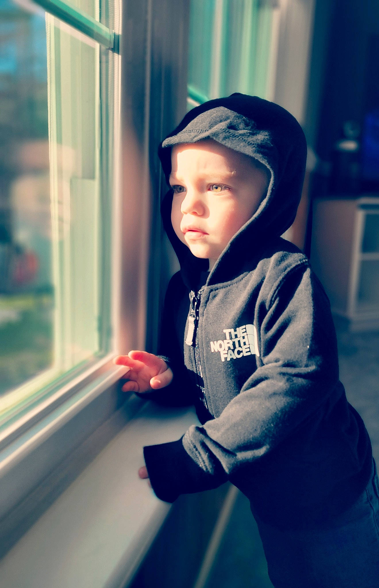 Sawyer is registered to the contest to win money with this photo: cap, child, headwear, hood, hoodie, jacket, person, portrait_photography, street_fashion, toddler, winter