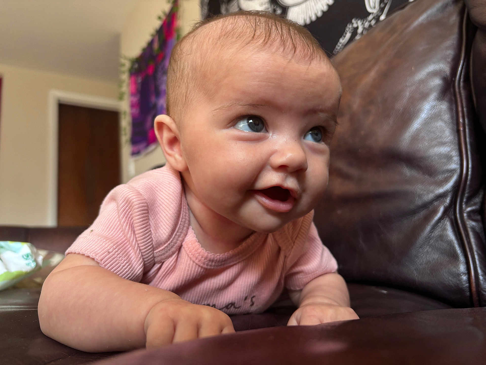 Violet joined the competition — help win amazing prizes! baby, infant, face, skin, arm, clothing, couch, leather, indoor, expression, curious, person, child, toddler, closeup, pink, smile, hand, young, portrait