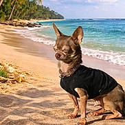 Umiko a rejoint le concours — aidez-le/la à gagner de superbes lots ! beach, black_coat, chihuahua, collar, dog, ocean, palm_trees, paws, portrait, sand, shells, shore, shoreline, small_dog, squinting, starfish, sunny, tropical, vacation, waves