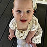 Harley is registered to the contest to win money with this photo: baby, child, infant, cute, polka_dot, white_dress, floor, wooden_floor, sitting, face, eyes, smile, hand, foot, indoors, curious, close_up, skin, person, portrait