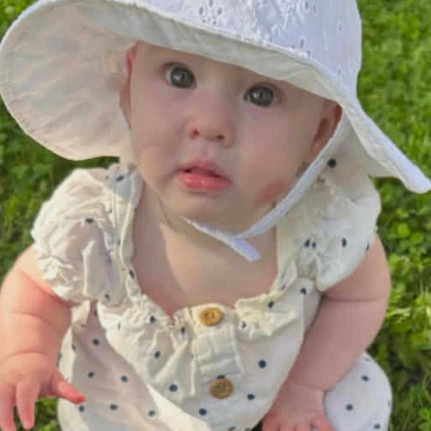 Harley is registered to the contest to win money with this photo: baby, child, grass, outdoor, hat, white_clothing, polka_dot, sitting, cute, infant, sunhat, nature, greenery, barefoot, portrait, summer, young_child, curious, daylight, playful