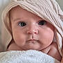 baby, towel, hood, face, eyes, skin, blanket, cute, infant, child, portrait, closeup, soft, indoor, expression, person, newborn, chubby, adorable, warm