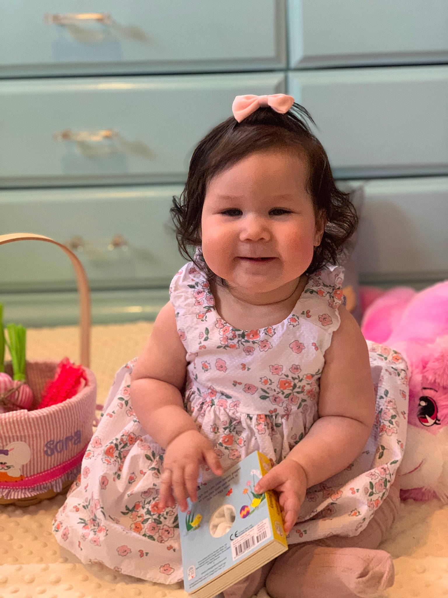 Sora joined the competition — help win amazing prizes! baby, baby_toddler_clothing, basket, cheek, child, event, fun, happy, joy, leisure, pattern, person, picnic_basket, pink, play, sitting, skin, smile, storage_basket, sweetness