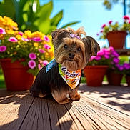 Angel is registered to the contest to win money with this photo: animal, bandana, bow, colorful, cute, dog, flower_pots, flowers, fur, garden, greenery, nature, outdoor, pet, portrait, small_dog, summer, sunlight, wooden_deck, yorkshire_terrier