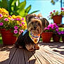 animal, bandana, bow, colorful, cute, dog, flower_pots, flowers, fur, garden, greenery, nature, outdoor, pet, portrait, small_dog, summer, sunlight, wooden_deck, yorkshire_terrier