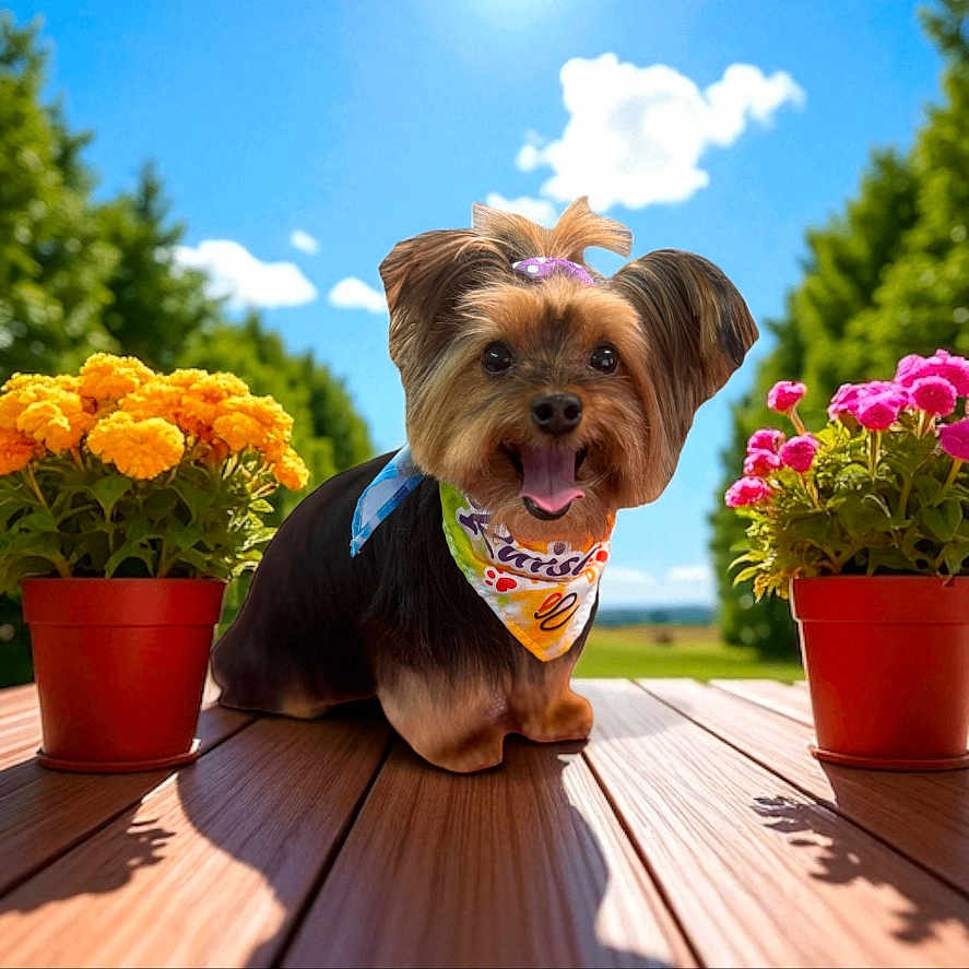 Angel is registered to the contest to win money with this photo: animal, bandana, blue_sky, colorful, cute, dog, flower_pot, flowers, garden, greenery, happy, nature, outdoor, pet, playful, small_dog, summer, sunny, tongue_out, wooden_deck