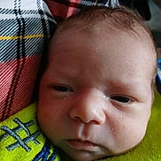 Phoenix joined the competition — help win amazing prizes! newborn, baby, face, close_up, portrait, expression, infant, knitted_garment, green_clothing, plaid_background, soft_skin, young_child, child, indoors, person, head, eyes, nose, mouth, resting