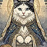 black_and_white_cat, blue_eyes, book, cat, celestial, fantasy, floral_border, high_priestess, illustration, key, moon, mystical, occult_symbolism, ornamental, ornate_robes, portrait, printed_art, tarot_card, throne, vintage_style