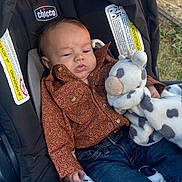 Stetson joined the competition — help win amazing prizes! baby, car_seat, casual, child, clothing, cow_toy, cute, expression, face, grass, hand, infant, jeans, outdoor, person, plush_toy, seated, shirt, stroller, toy