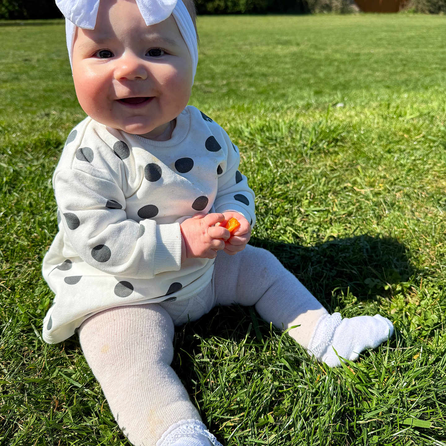 Luna is registered to the contest to win money with this photo: baby, bonnet, cap, clothing, dress, face, food, fruit, grass, hat, head, hosiery, lawn, person, photography, plant, portrait, produce, sitting, sock