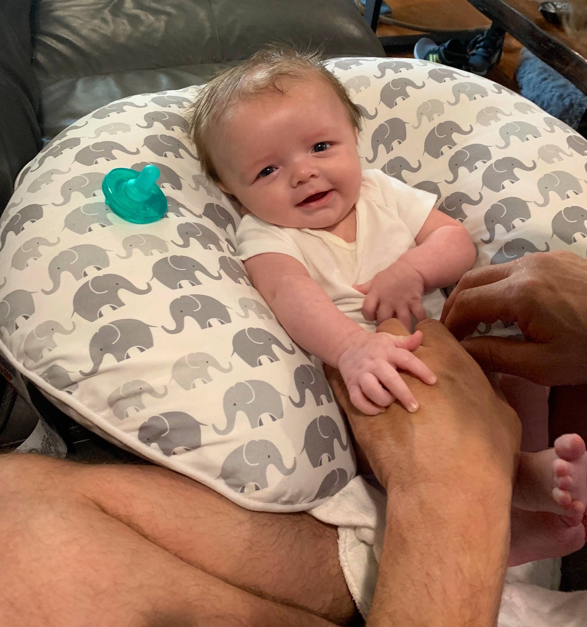 Hayes joined the competition — help win amazing prizes! baby, baby_toddler_clothing, cheek, child, comfort, couch, elbow, finger, gesture, hand, happy, human_body, human_leg, leg, mouth, person, skin, smile, thigh, thumb