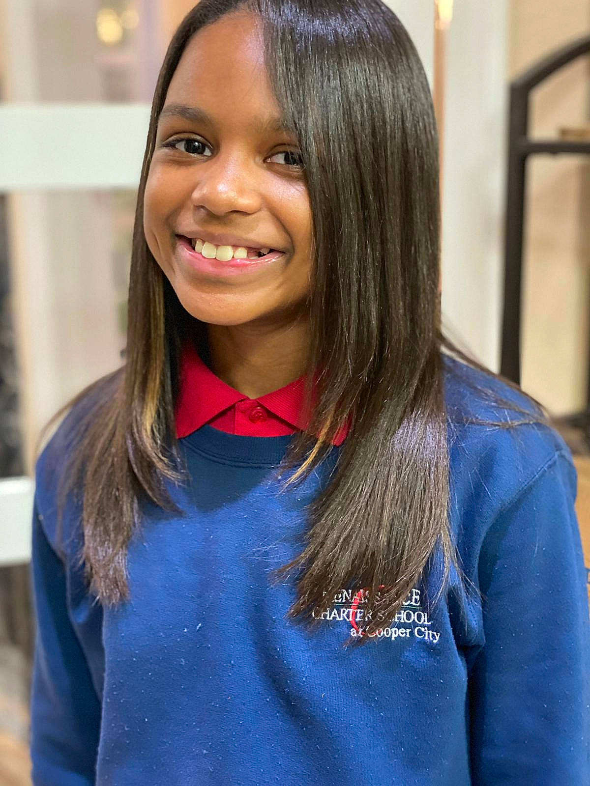 Samiyah is registered to the contest to win money with this photo: bangs, brown_hair, child, electric_blue, event, eye, fashion_design, fun, hair, happy, jewellery, joy, layered_hair, long_hair, outerwear, person, school_uniform, sleeve, smile, step_cutting