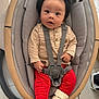 Daniel Khoa a rejoint le concours — aidez-le/la à gagner de superbes lots ! baby, infant, child, rocker, seat, straps, red_pants, knit_booties, plush_toy, curious_expression, indoor, floor_tiles, footwear, modern_baby_gear, safety_harness, person, cute, portrait, cozy, casual_clothing