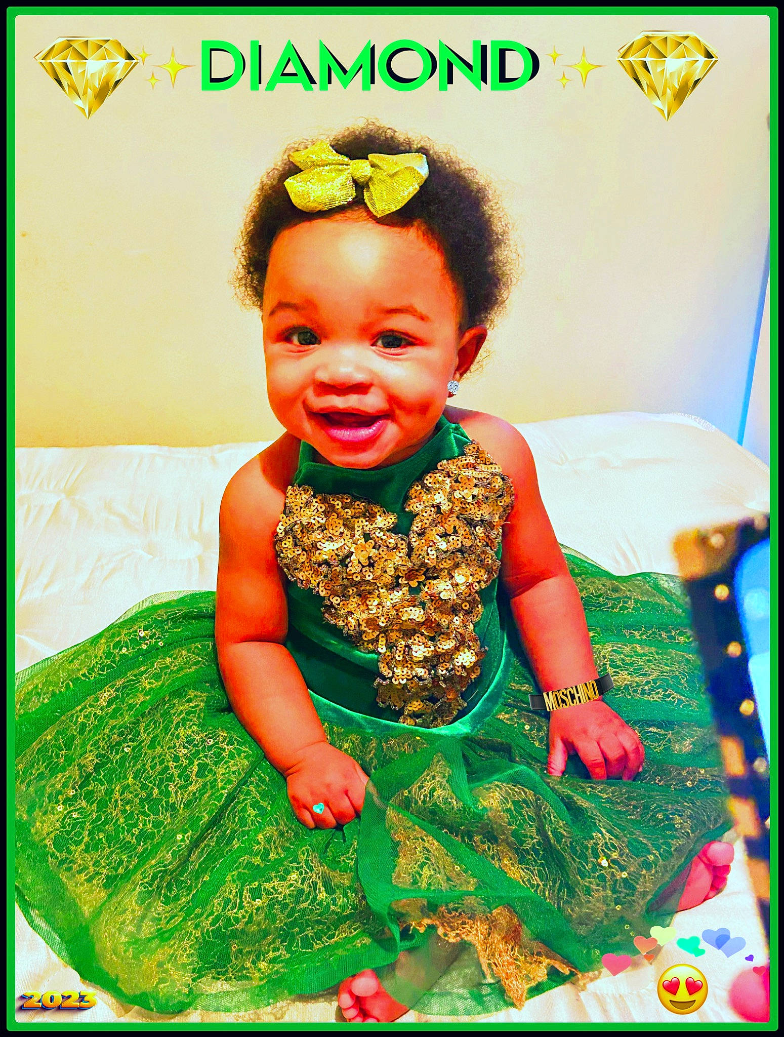 Diamond is registered to the contest to win money with this photo: baby, baby_toddler_clothing, child, day_dress, dress, eyewear, font, fun, goggles, happy, joy, magenta, pattern, peach, people_in_nature, person, pink, rectangle, sleeve, smile